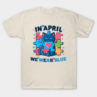 Cute Cat In April We Wear Blue Autism Awareness Month T-Shirt